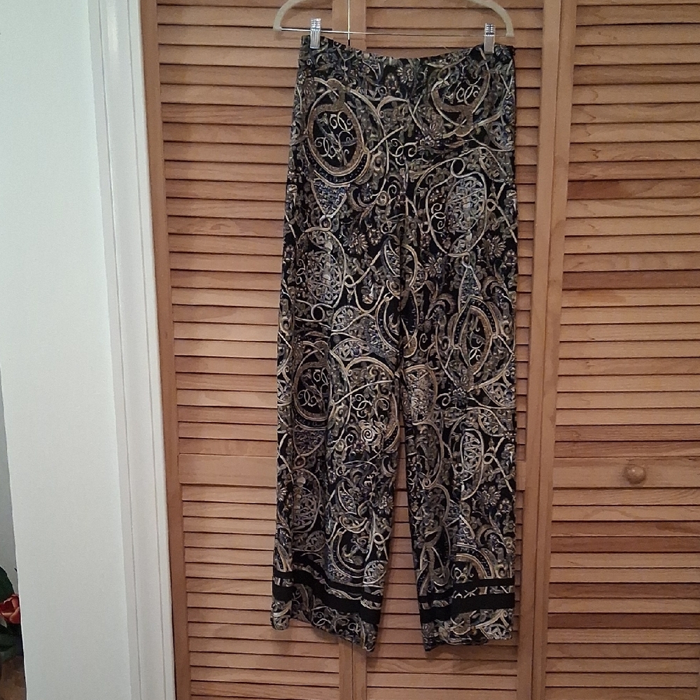 H&M Black and Cream/Gold/Blue Patterned Wide Leg Pants